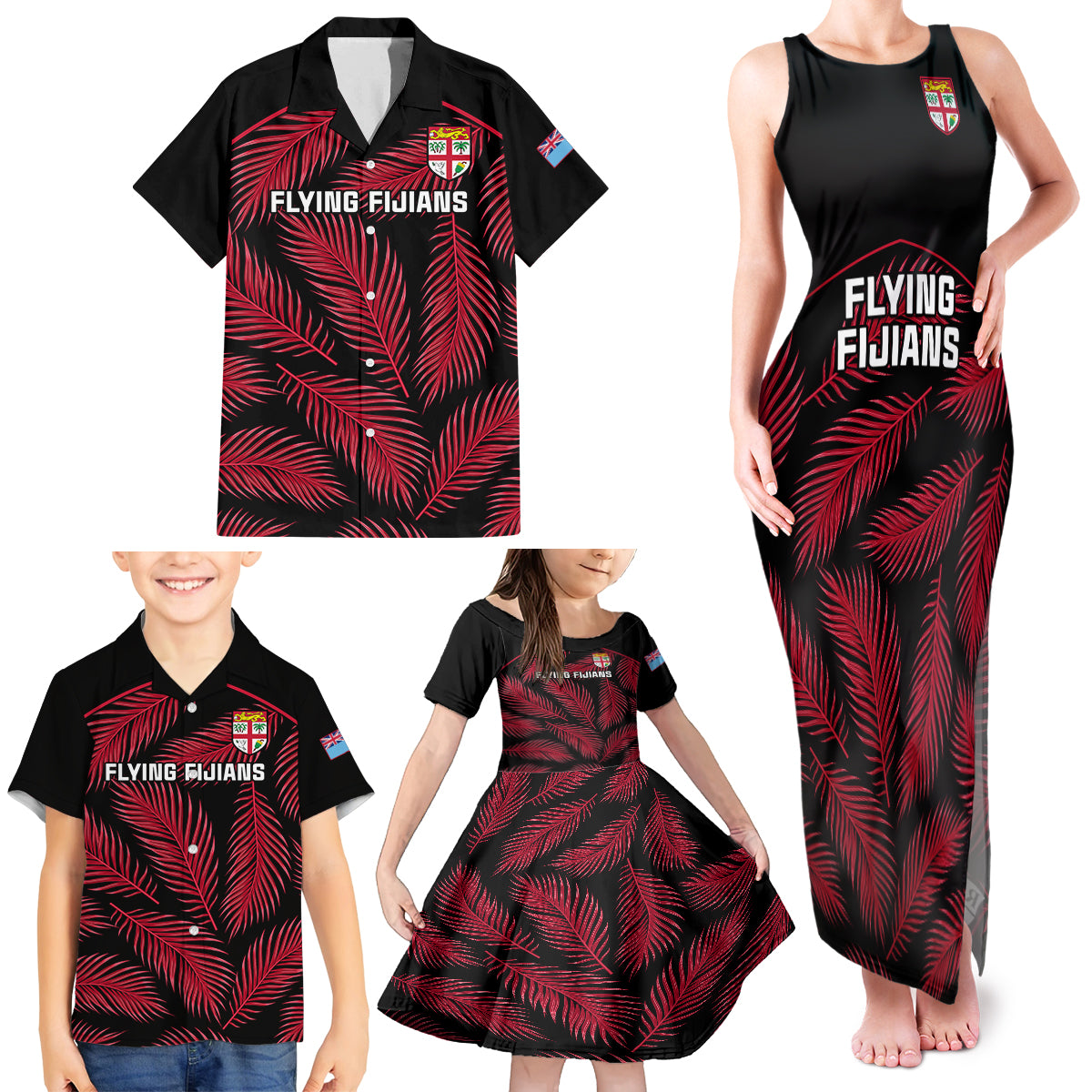 Fiji Rugby Family Matching Tank Maxi Dress and Hawaiian Shirt Flying Fijians Red Palm Tree Version LT01 - Polynesian Pride