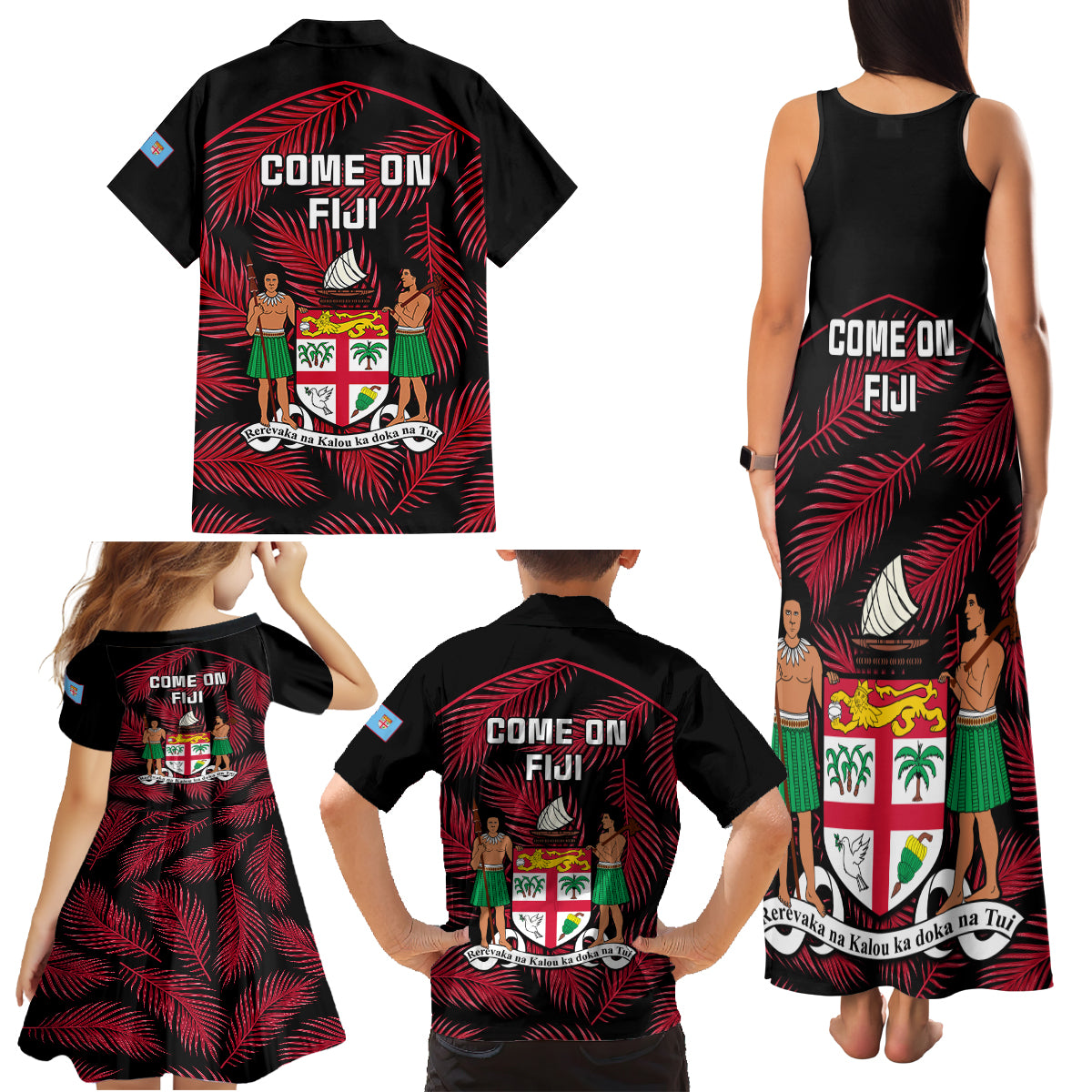 Fiji Rugby Family Matching Tank Maxi Dress and Hawaiian Shirt Flying Fijians Red Palm Tree Version LT01 - Polynesian Pride