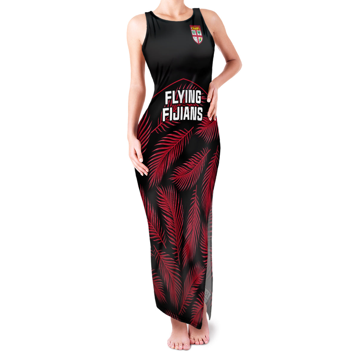 Fiji Rugby Family Matching Tank Maxi Dress and Hawaiian Shirt Flying Fijians Red Palm Tree Version LT01 Mom's Dress Black - Polynesian Pride