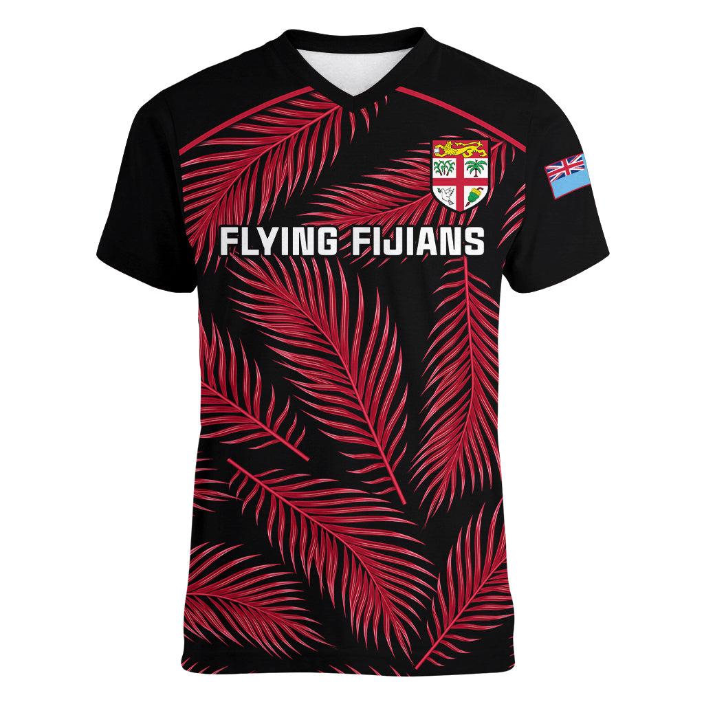 fiji-rugby-women-v-neck-t-shirt-flying-fijians-red-palm-tree-version