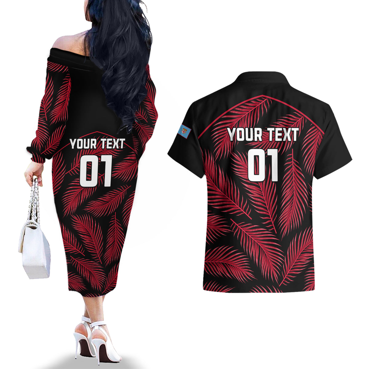 Custom Fiji Rugby Couples Matching Off The Shoulder Long Sleeve Dress and Hawaiian Shirt Flying Fijians Red Palm Tree Version LT01 - Polynesian Pride
