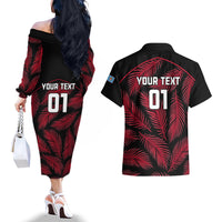Custom Fiji Rugby Couples Matching Off The Shoulder Long Sleeve Dress and Hawaiian Shirt Flying Fijians Red Palm Tree Version LT01 - Polynesian Pride