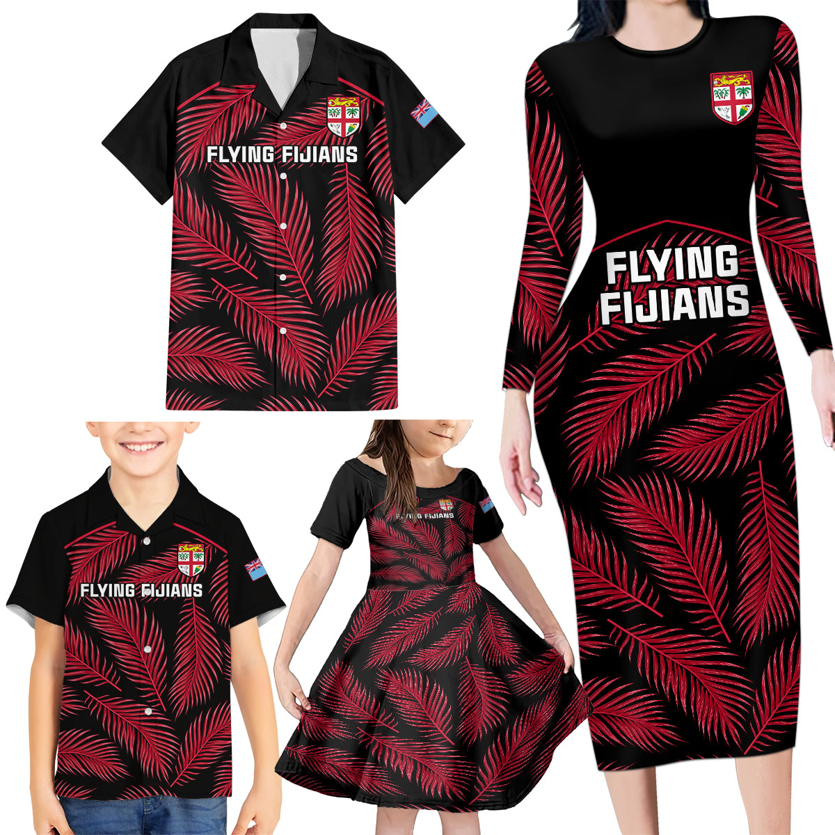 Custom Fiji Rugby Family Matching Long Sleeve Bodycon Dress and Hawaiian Shirt Flying Fijians Red Palm Tree Version LT01 - Polynesian Pride