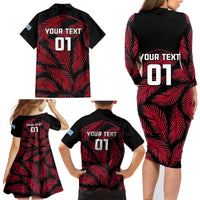 Custom Fiji Rugby Family Matching Long Sleeve Bodycon Dress and Hawaiian Shirt Flying Fijians Red Palm Tree Version LT01 - Polynesian Pride