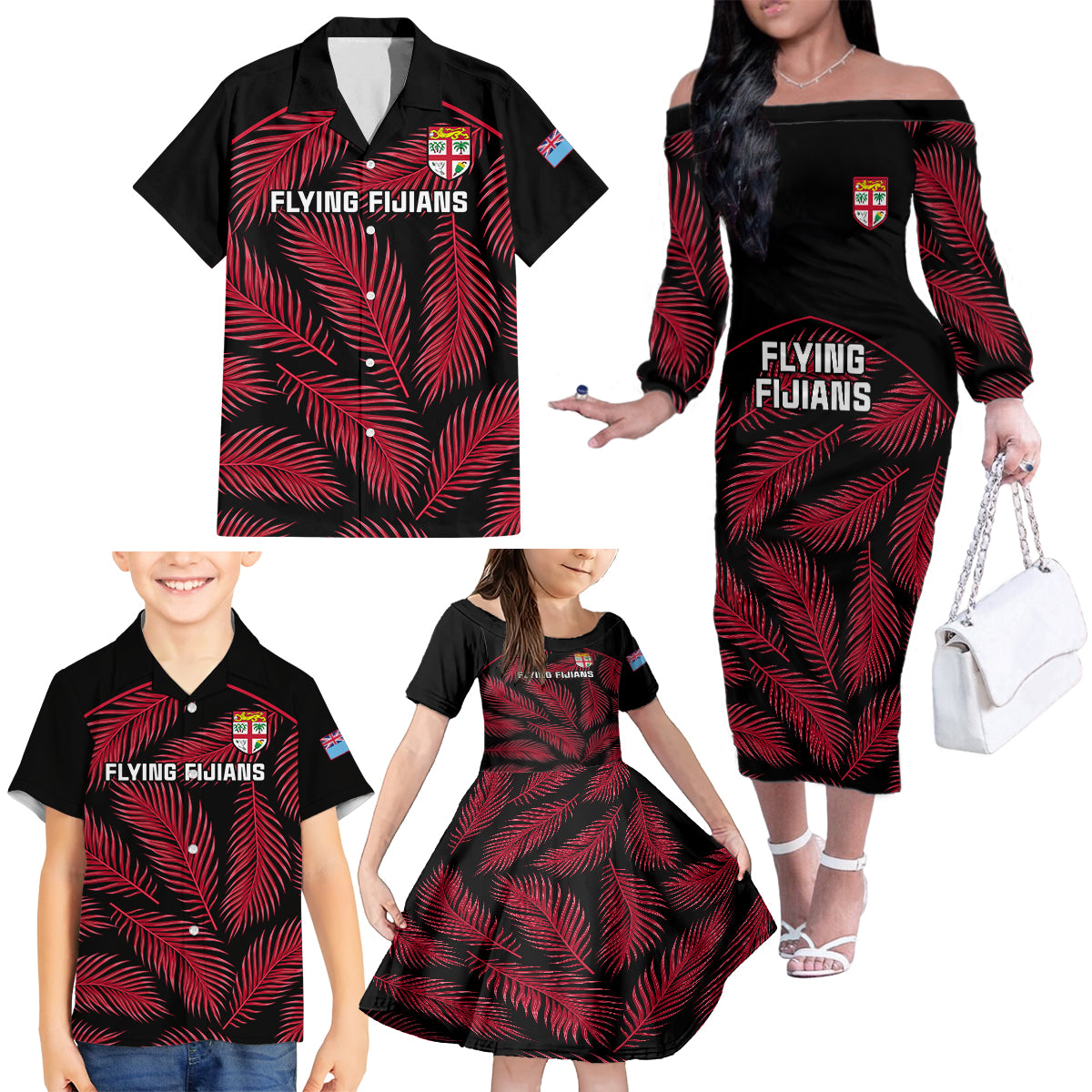 Custom Fiji Rugby Family Matching Off Shoulder Long Sleeve Dress and Hawaiian Shirt Flying Fijians Red Palm Tree Version LT01 - Polynesian Pride