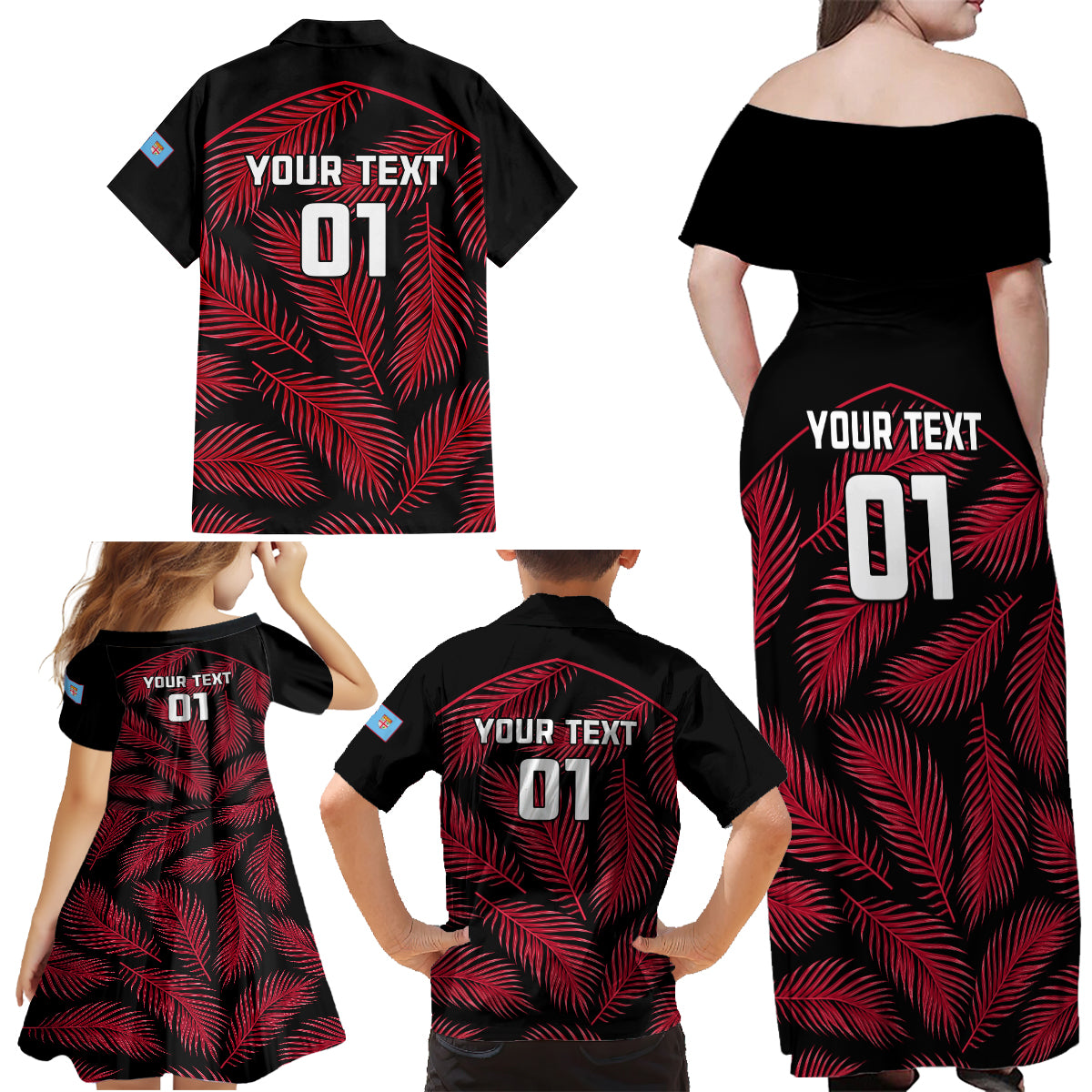 Custom Fiji Rugby Family Matching Off Shoulder Maxi Dress and Hawaiian Shirt Flying Fijians Red Palm Tree Version LT01 - Polynesian Pride