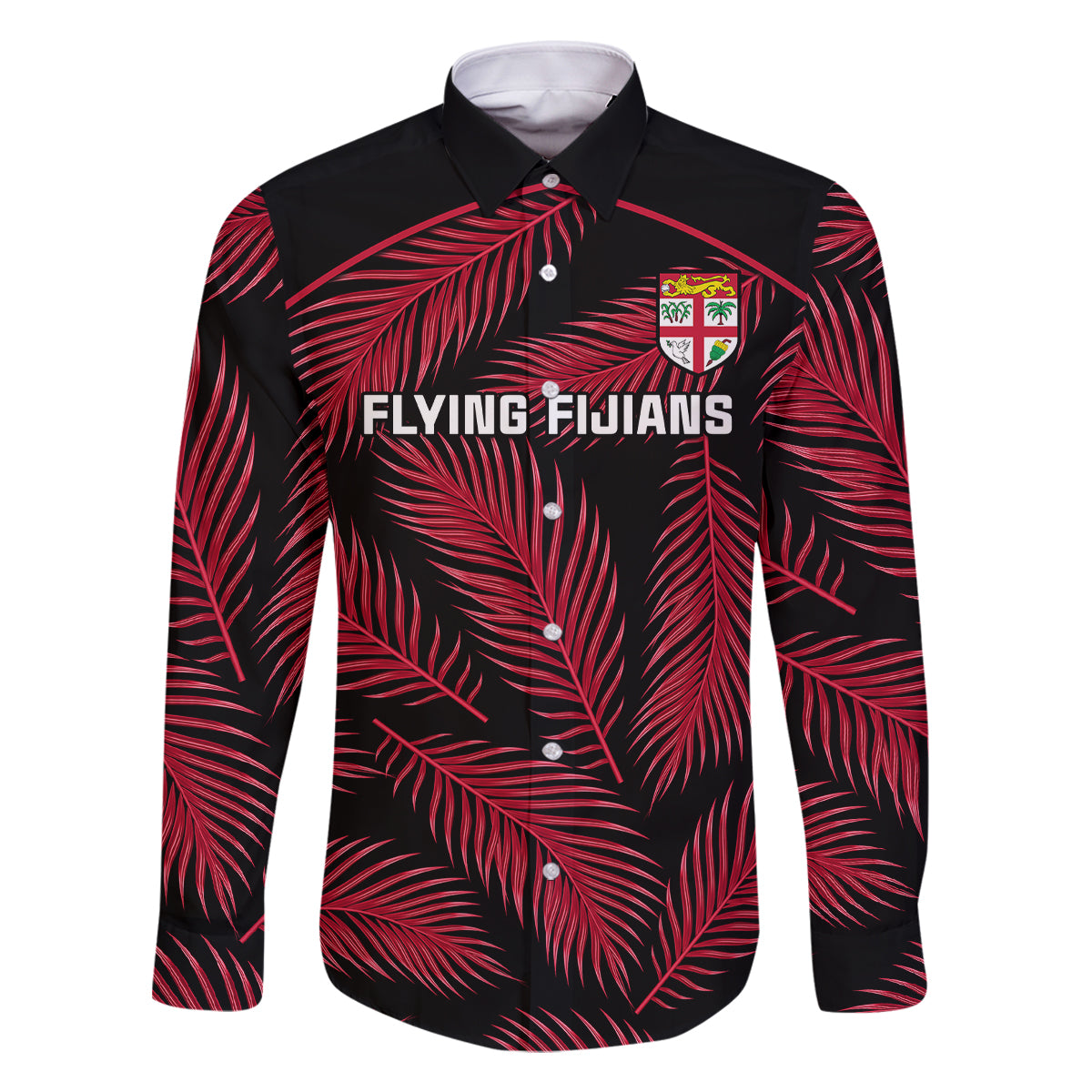 Custom Fiji Rugby Family Matching Off Shoulder Maxi Dress and Hawaiian Shirt Flying Fijians Red Palm Tree Version LT01 Dad's Shirt - Long Sleeve Black - Polynesian Pride