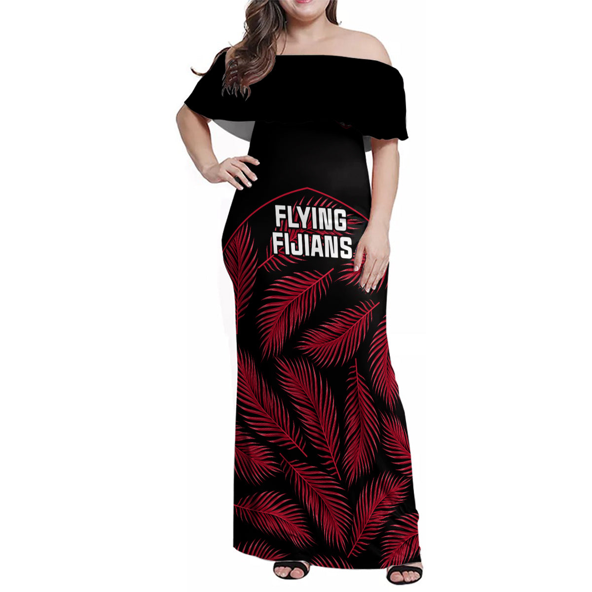 Custom Fiji Rugby Family Matching Off Shoulder Maxi Dress and Hawaiian Shirt Flying Fijians Red Palm Tree Version LT01 Mom's Dress Black - Polynesian Pride