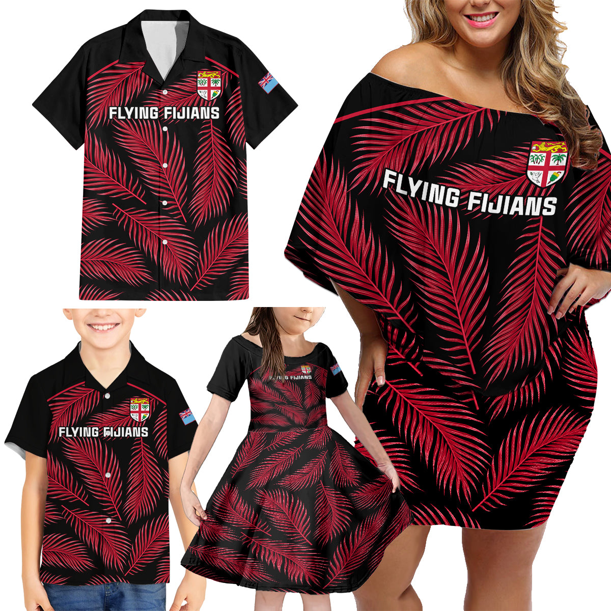 Custom Fiji Rugby Family Matching Off Shoulder Short Dress and Hawaiian Shirt Flying Fijians Red Palm Tree Version LT01 - Polynesian Pride