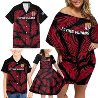 Custom Fiji Rugby Family Matching Off Shoulder Short Dress and Hawaiian Shirt Flying Fijians Red Palm Tree Version LT01 - Polynesian Pride