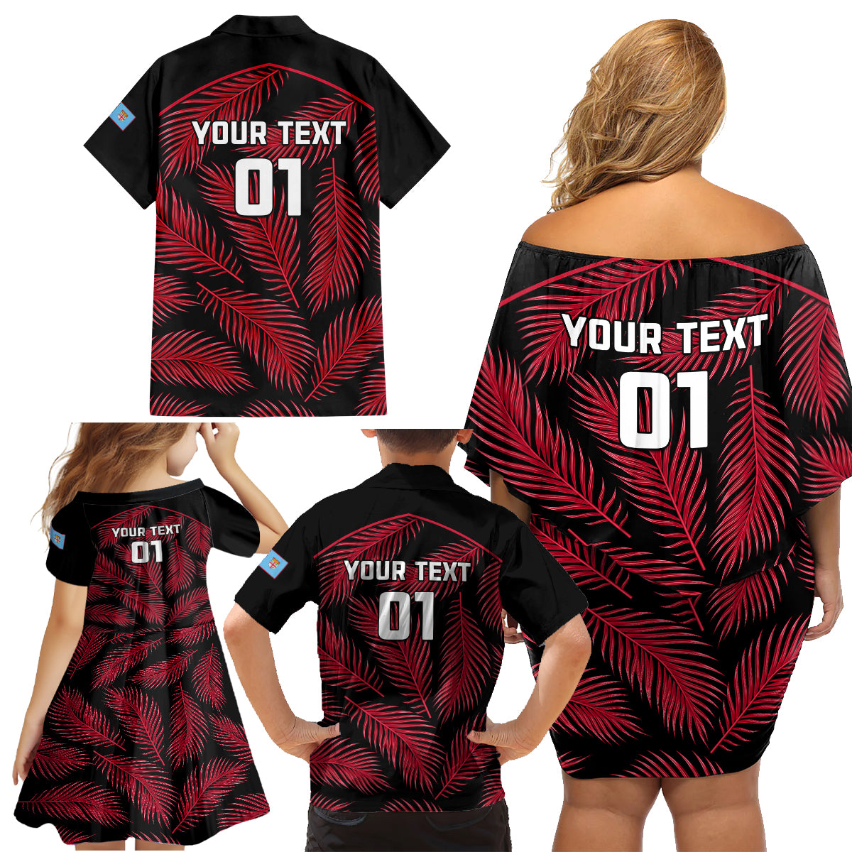 Custom Fiji Rugby Family Matching Off Shoulder Short Dress and Hawaiian Shirt Flying Fijians Red Palm Tree Version LT01 - Polynesian Pride