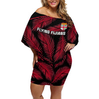 Custom Fiji Rugby Family Matching Off Shoulder Short Dress and Hawaiian Shirt Flying Fijians Red Palm Tree Version LT01 Mom's Dress Black - Polynesian Pride