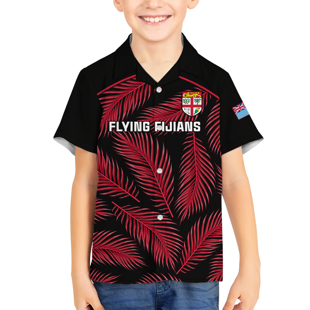 Custom Fiji Rugby Family Matching Off Shoulder Short Dress and Hawaiian Shirt Flying Fijians Red Palm Tree Version LT01 Son's Shirt Black - Polynesian Pride