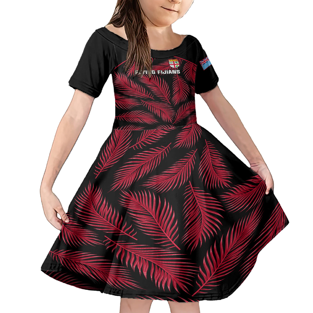 Custom Fiji Rugby Family Matching Short Sleeve Bodycon Dress and Hawaiian Shirt Flying Fijians Red Palm Tree Version LT01 Daughter's Dress Black - Polynesian Pride