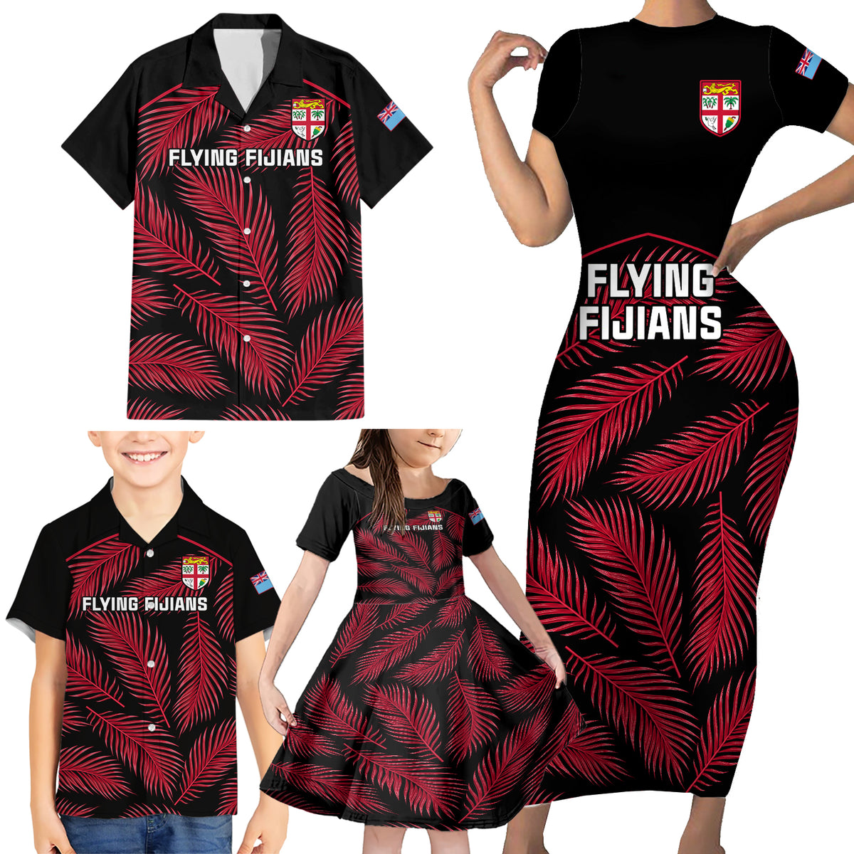 Custom Fiji Rugby Family Matching Short Sleeve Bodycon Dress and Hawaiian Shirt Flying Fijians Red Palm Tree Version LT01 - Polynesian Pride