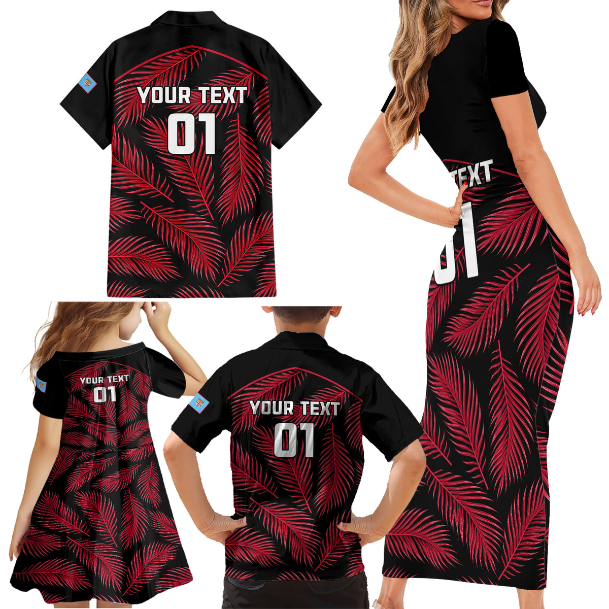 Custom Fiji Rugby Family Matching Short Sleeve Bodycon Dress and Hawaiian Shirt Flying Fijians Red Palm Tree Version LT01 - Polynesian Pride
