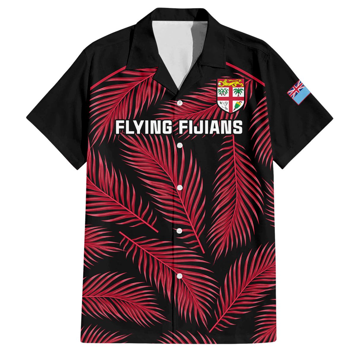 Custom Fiji Rugby Family Matching Short Sleeve Bodycon Dress and Hawaiian Shirt Flying Fijians Red Palm Tree Version LT01 Dad's Shirt - Short Sleeve Black - Polynesian Pride