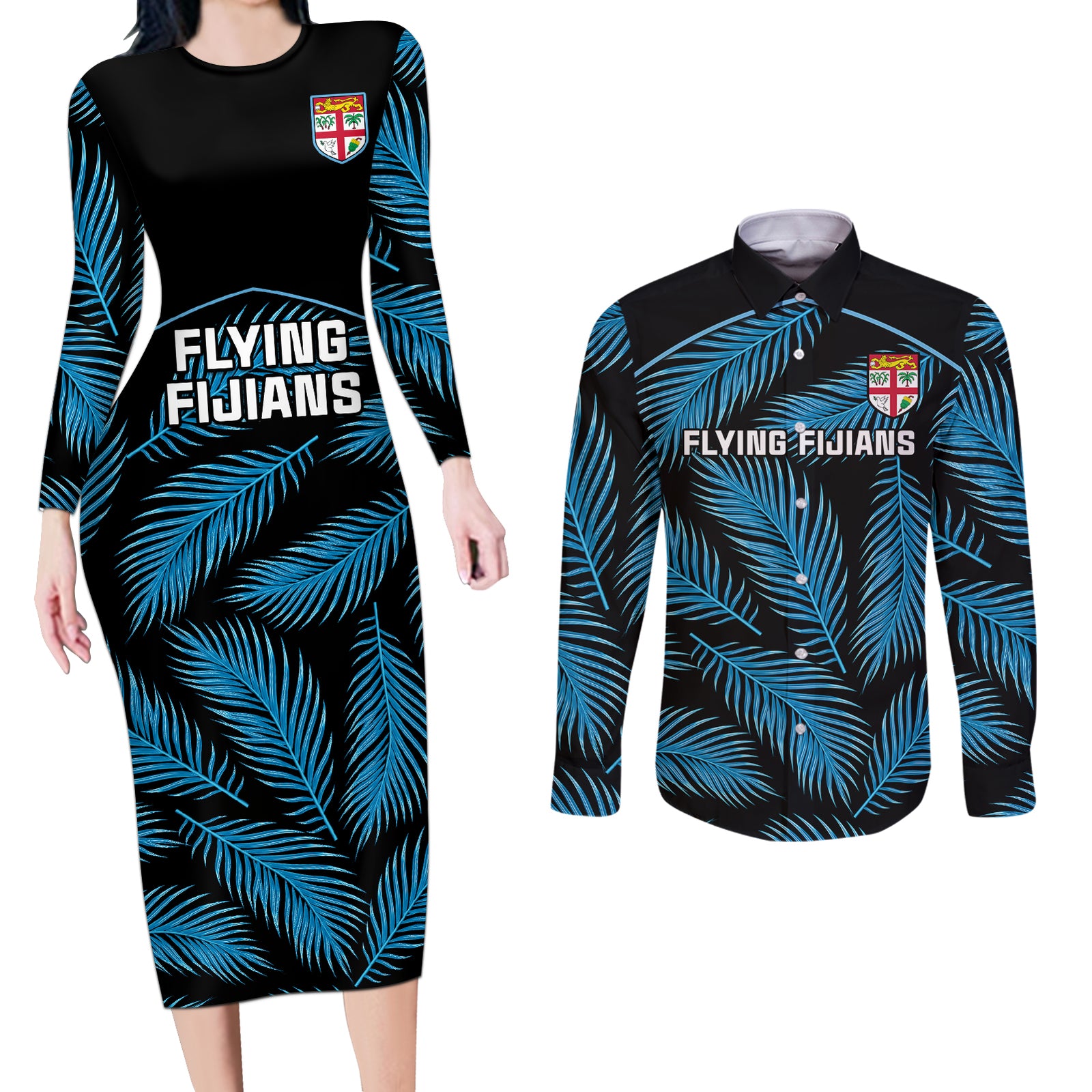 fiji-rugby-couples-matching-long-sleeve-bodycon-dress-and-long-sleeve-button-shirts-flying-fijians-blue-palm-tree-version