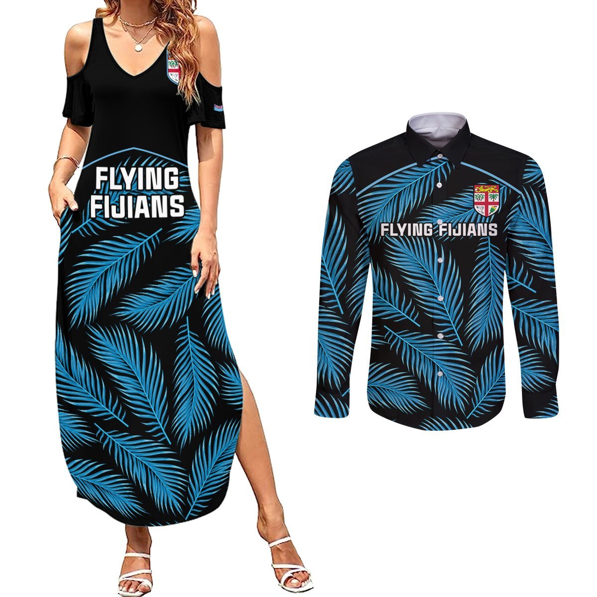 Fiji Rugby Couples Matching Summer Maxi Dress and Long Sleeve Button Shirts Flying Fijians Blue Palm Tree Version LT01 Black - Polynesian Pride
