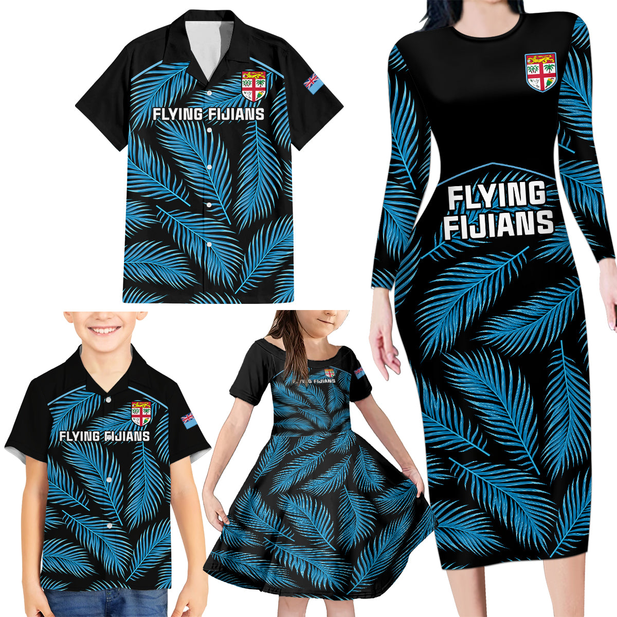 Fiji Rugby Family Matching Long Sleeve Bodycon Dress and Hawaiian Shirt Flying Fijians Blue Palm Tree Version LT01 - Polynesian Pride