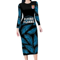Fiji Rugby Family Matching Long Sleeve Bodycon Dress and Hawaiian Shirt Flying Fijians Blue Palm Tree Version LT01 Mom's Dress Black - Polynesian Pride