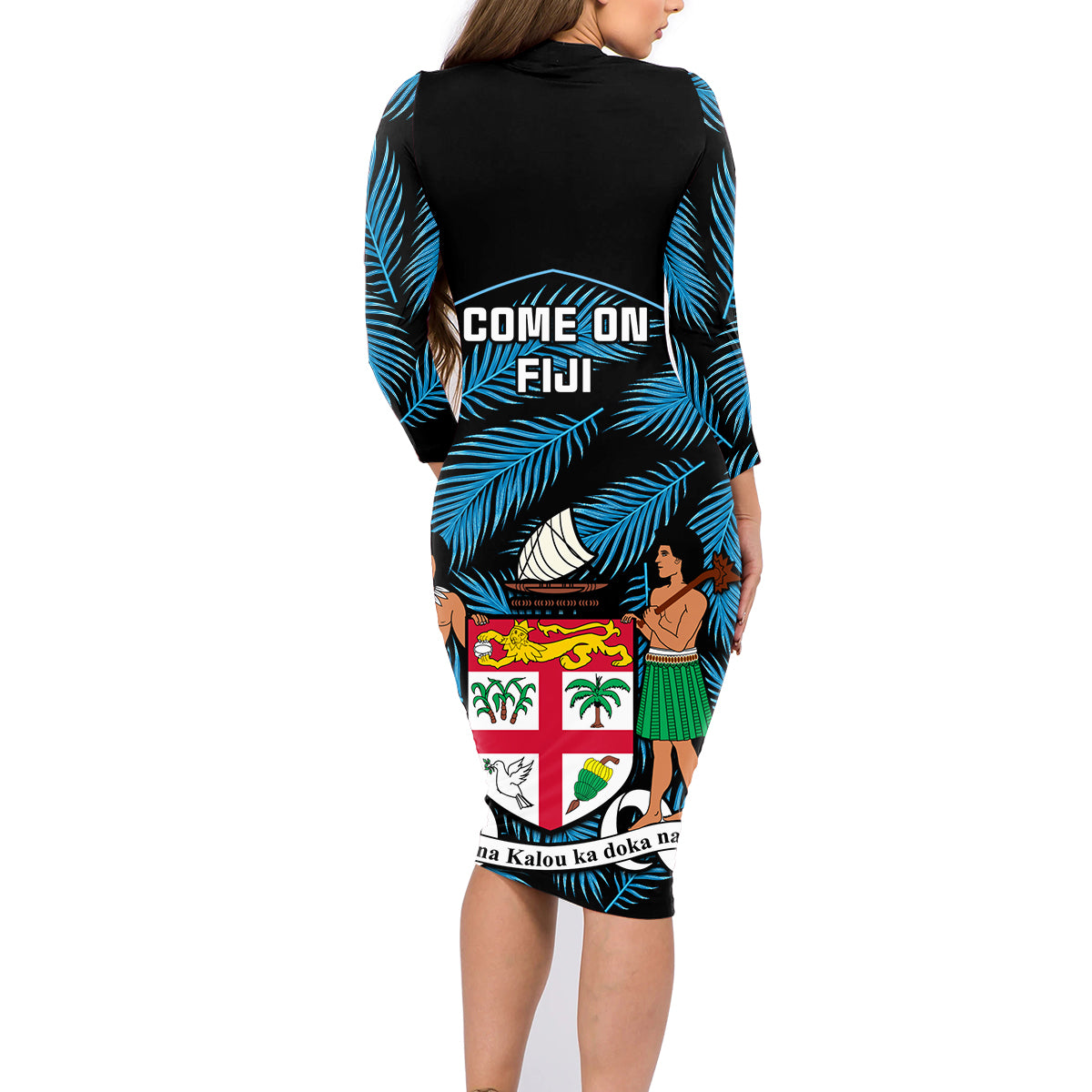 Fiji Rugby Family Matching Long Sleeve Bodycon Dress and Hawaiian Shirt Flying Fijians Blue Palm Tree Version LT01 - Polynesian Pride