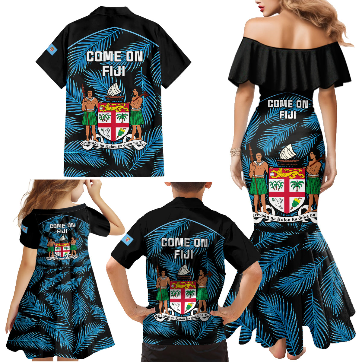 Fiji Rugby Family Matching Mermaid Dress and Hawaiian Shirt Flying Fijians Blue Palm Tree Version LT01 - Polynesian Pride