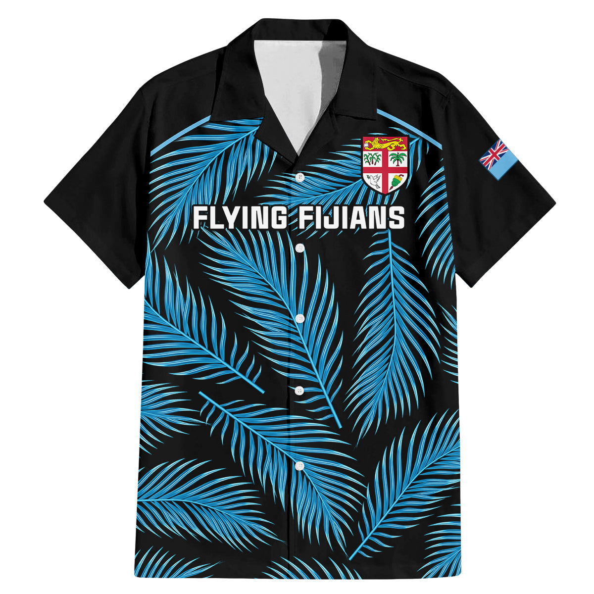 Fiji Rugby Family Matching Mermaid Dress and Hawaiian Shirt Flying Fijians Blue Palm Tree Version LT01 Dad's Shirt - Short Sleeve Black - Polynesian Pride