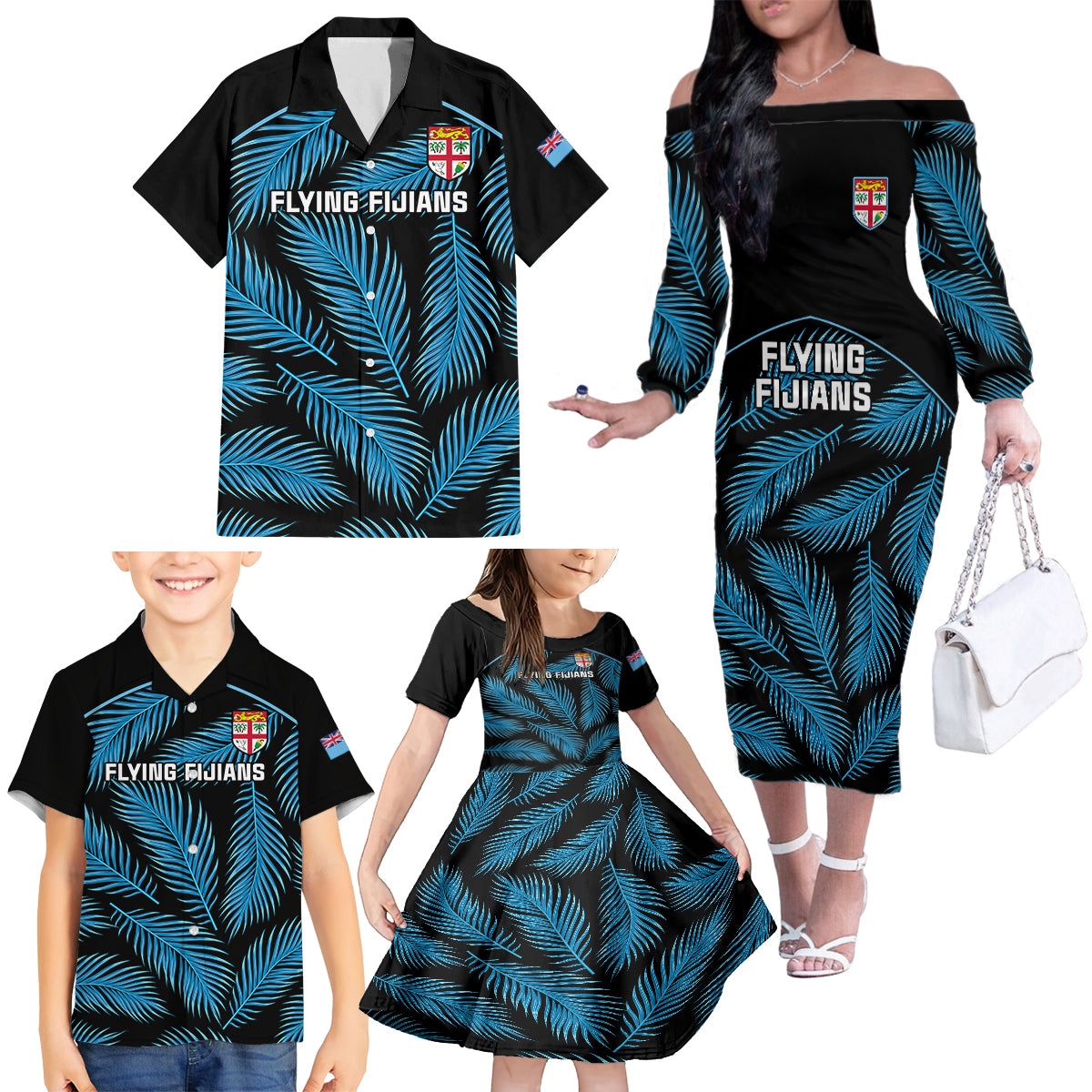 Fiji Rugby Family Matching Off Shoulder Long Sleeve Dress and Hawaiian Shirt Flying Fijians Blue Palm Tree Version LT01 - Polynesian Pride
