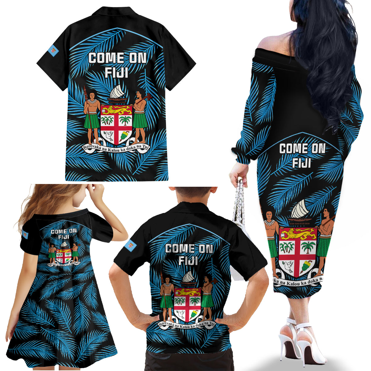 Fiji Rugby Family Matching Off Shoulder Long Sleeve Dress and Hawaiian Shirt Flying Fijians Blue Palm Tree Version LT01 - Polynesian Pride
