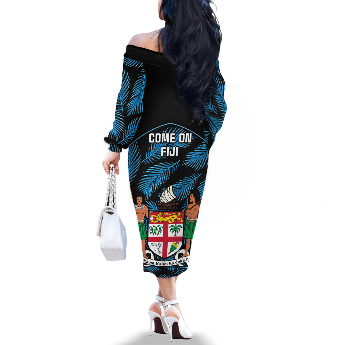 Fiji Rugby Family Matching Off Shoulder Long Sleeve Dress and Hawaiian Shirt Flying Fijians Blue Palm Tree Version LT01 - Polynesian Pride