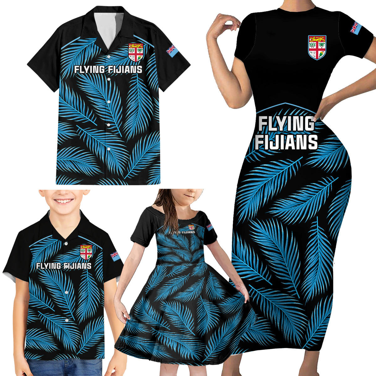Fiji Rugby Family Matching Short Sleeve Bodycon Dress and Hawaiian Shirt Flying Fijians Blue Palm Tree Version LT01 - Polynesian Pride