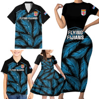 Fiji Rugby Family Matching Short Sleeve Bodycon Dress and Hawaiian Shirt Flying Fijians Blue Palm Tree Version LT01 - Polynesian Pride