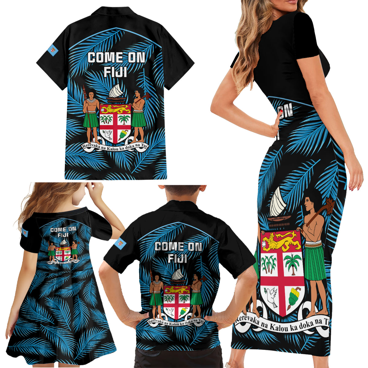 Fiji Rugby Family Matching Short Sleeve Bodycon Dress and Hawaiian Shirt Flying Fijians Blue Palm Tree Version LT01 - Polynesian Pride