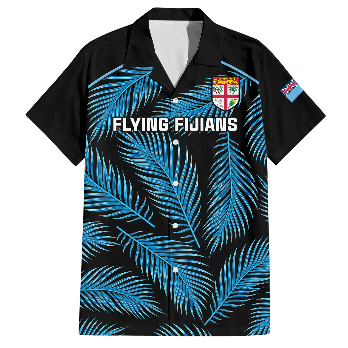 Fiji Rugby Family Matching Short Sleeve Bodycon Dress and Hawaiian Shirt Flying Fijians Blue Palm Tree Version LT01 Dad's Shirt - Short Sleeve Black - Polynesian Pride