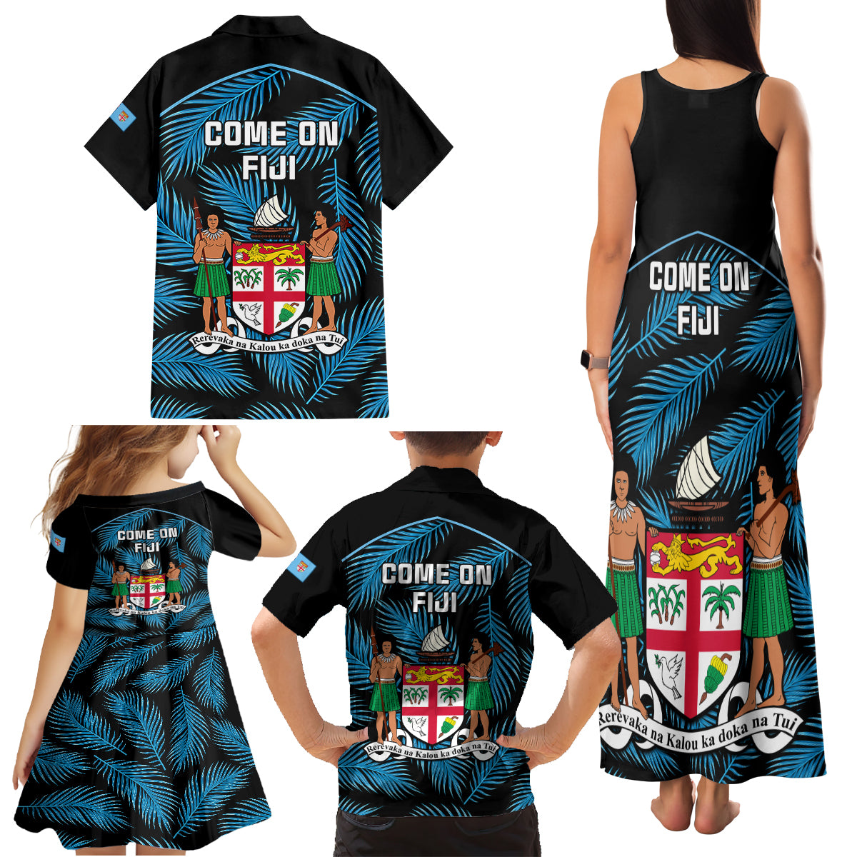 Fiji Rugby Family Matching Tank Maxi Dress and Hawaiian Shirt Flying Fijians Blue Palm Tree Version LT01 - Polynesian Pride