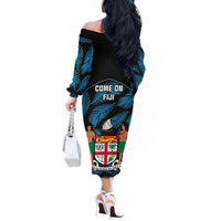 Fiji Rugby Off The Shoulder Long Sleeve Dress Flying Fijians Blue Palm Tree Version LT01 - Polynesian Pride