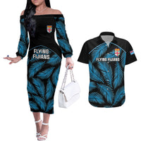 Custom Fiji Rugby Couples Matching Off The Shoulder Long Sleeve Dress and Hawaiian Shirt Flying Fijians Blue Palm Tree Version LT01 Black - Polynesian Pride