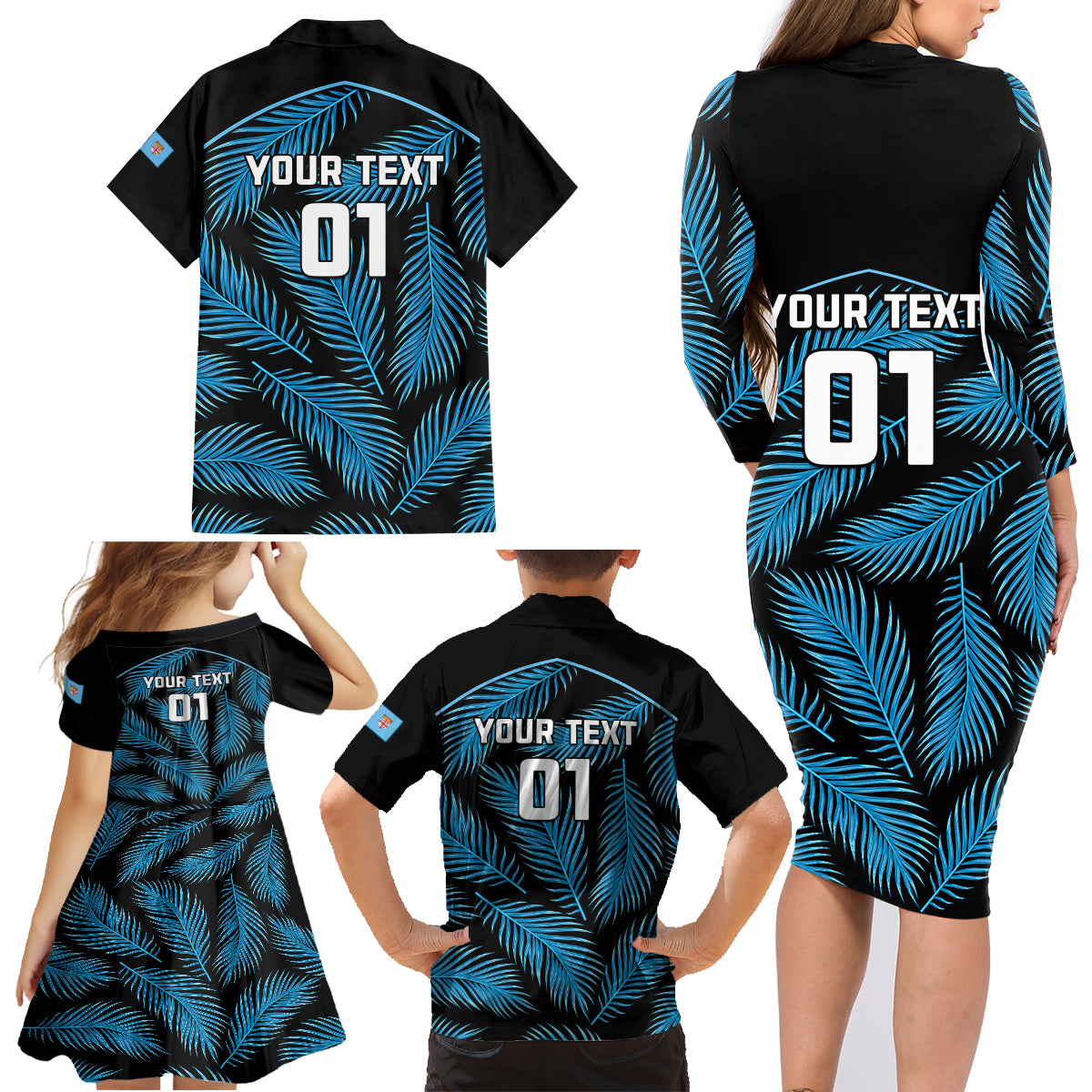 Custom Fiji Rugby Family Matching Long Sleeve Bodycon Dress and Hawaiian Shirt Flying Fijians Blue Palm Tree Version LT01 - Polynesian Pride
