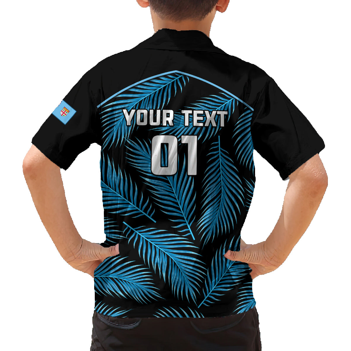 Custom Fiji Rugby Family Matching Off Shoulder Long Sleeve Dress and Hawaiian Shirt Flying Fijians Blue Palm Tree Version LT01 - Polynesian Pride