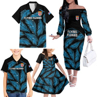 Custom Fiji Rugby Family Matching Off Shoulder Long Sleeve Dress and Hawaiian Shirt Flying Fijians Blue Palm Tree Version LT01 - Polynesian Pride