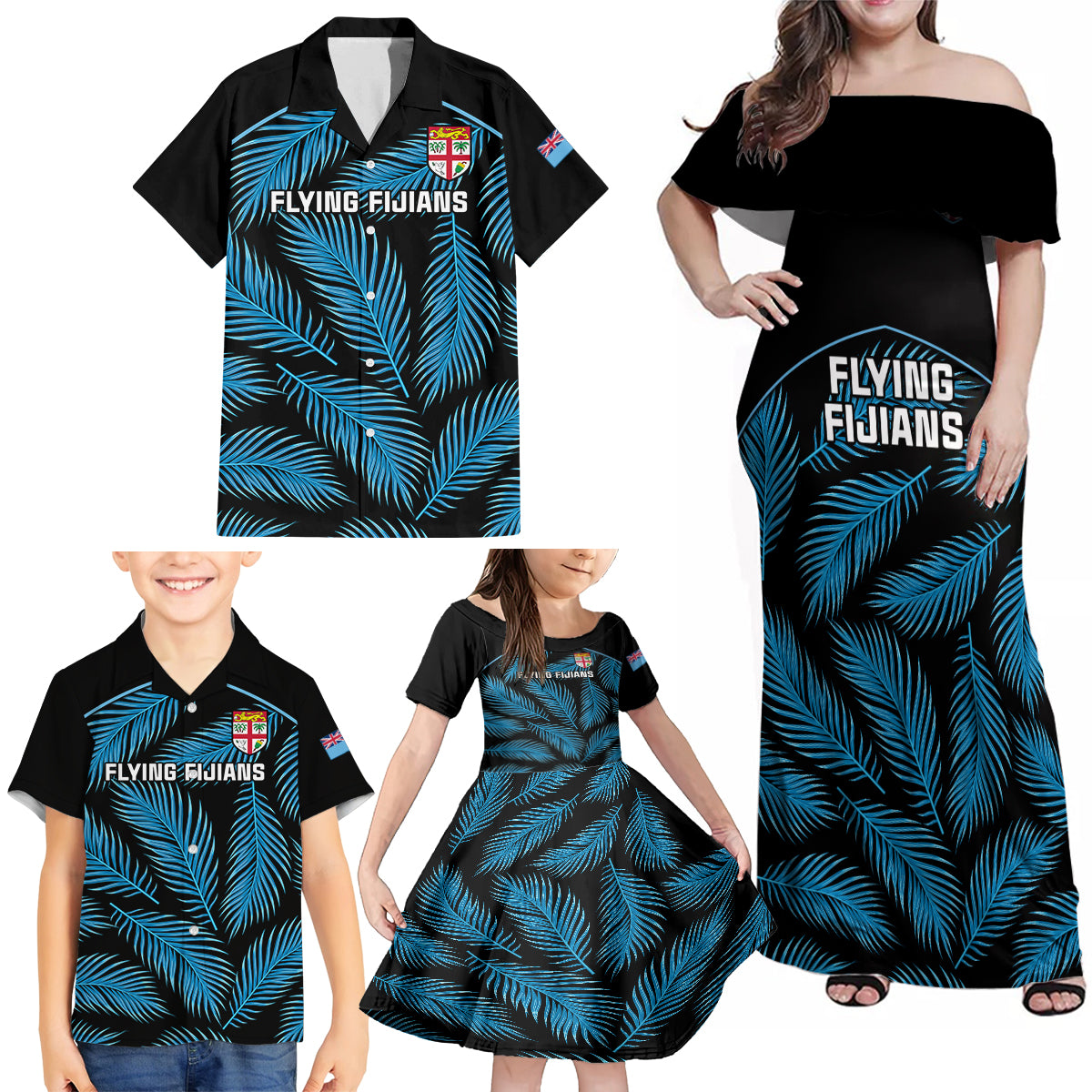 Custom Fiji Rugby Family Matching Off Shoulder Maxi Dress and Hawaiian Shirt Flying Fijians Blue Palm Tree Version LT01 - Polynesian Pride