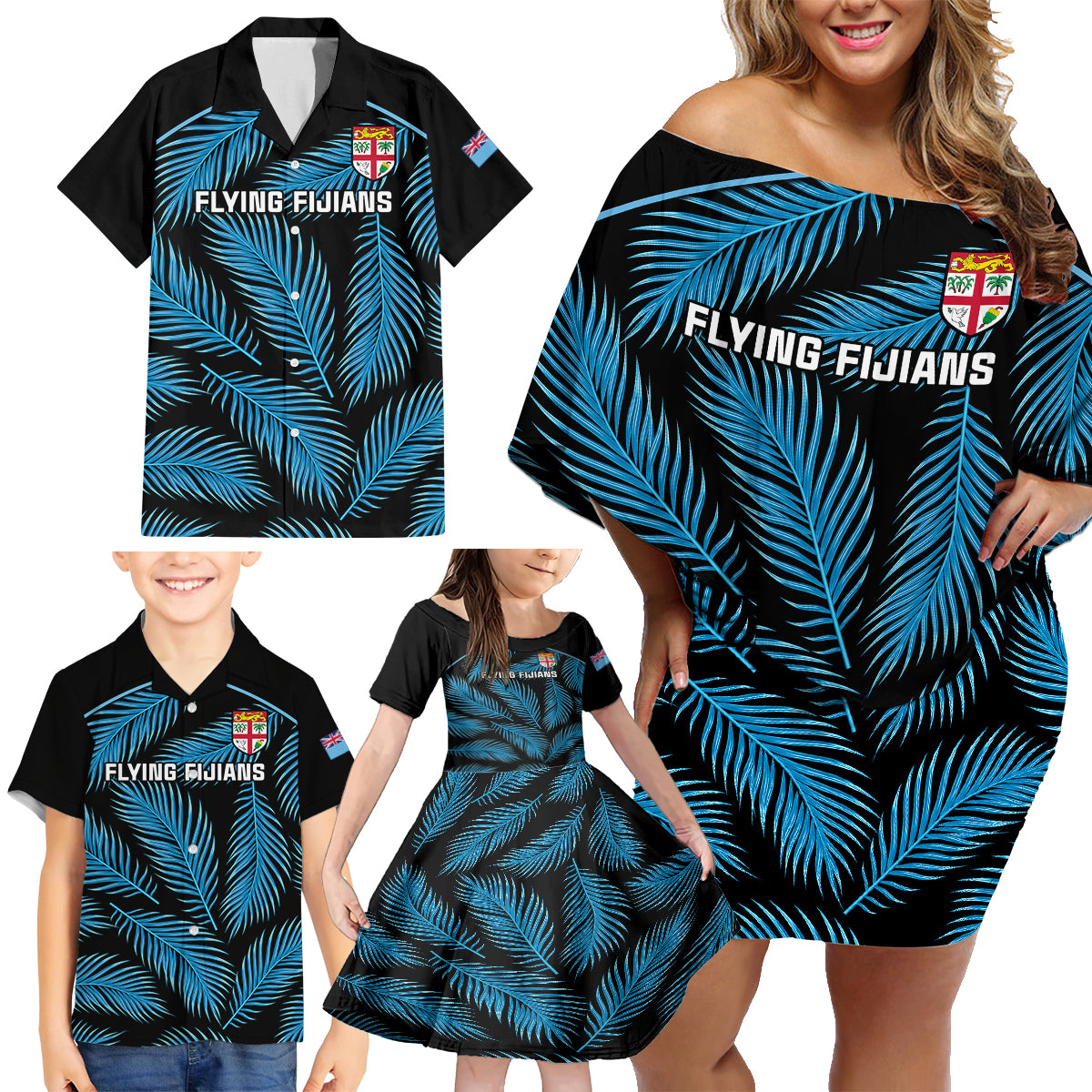 Custom Fiji Rugby Family Matching Off Shoulder Short Dress and Hawaiian Shirt Flying Fijians Blue Palm Tree Version LT01 - Polynesian Pride