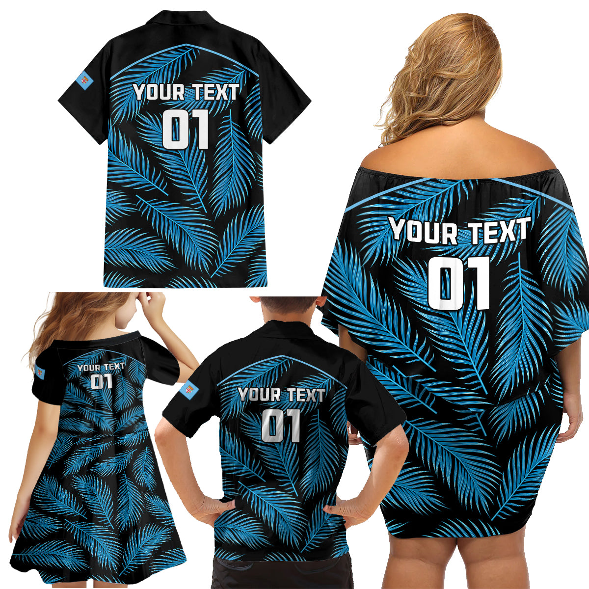 Custom Fiji Rugby Family Matching Off Shoulder Short Dress and Hawaiian Shirt Flying Fijians Blue Palm Tree Version LT01 - Polynesian Pride