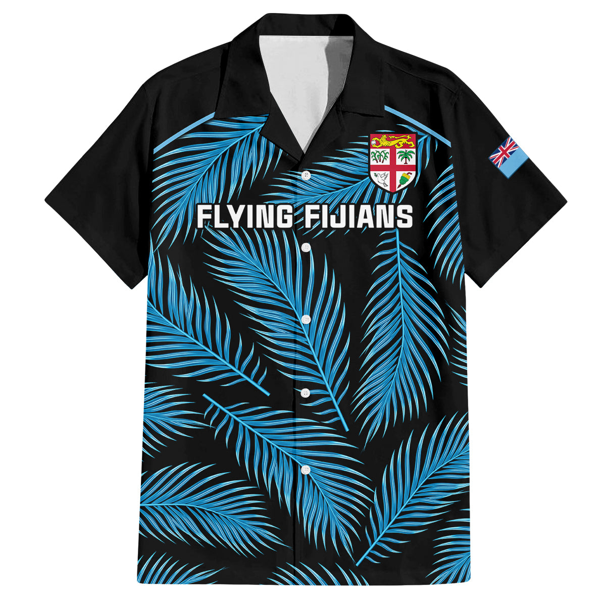 Custom Fiji Rugby Family Matching Off Shoulder Short Dress and Hawaiian Shirt Flying Fijians Blue Palm Tree Version LT01 Dad's Shirt - Short Sleeve Black - Polynesian Pride