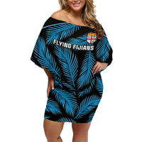 Custom Fiji Rugby Family Matching Off Shoulder Short Dress and Hawaiian Shirt Flying Fijians Blue Palm Tree Version LT01 Mom's Dress Black - Polynesian Pride
