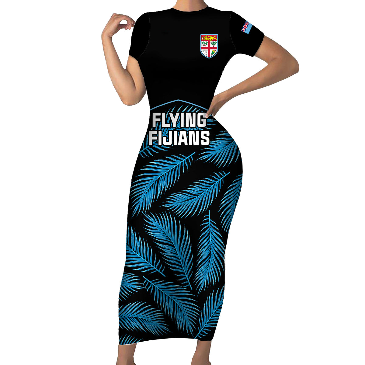 Custom Fiji Rugby Family Matching Short Sleeve Bodycon Dress and Hawaiian Shirt Flying Fijians Blue Palm Tree Version LT01 Mom's Dress Black - Polynesian Pride
