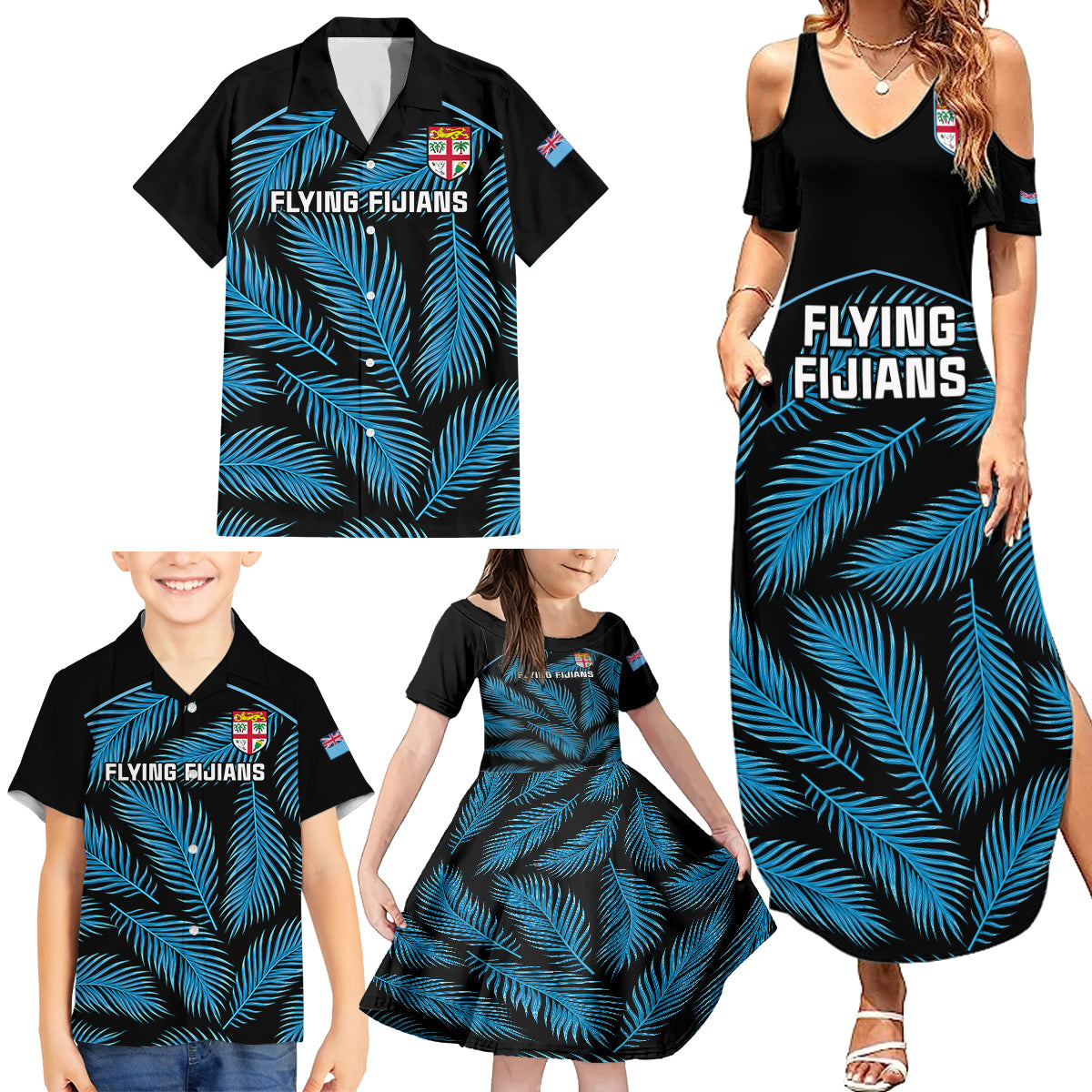 Custom Fiji Rugby Family Matching Summer Maxi Dress and Hawaiian Shirt Flying Fijians Blue Palm Tree Version LT01 - Polynesian Pride