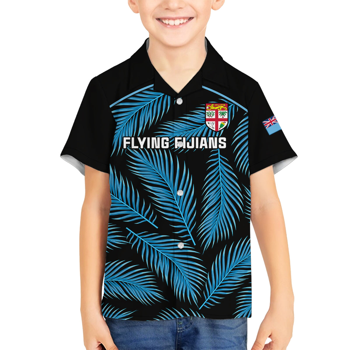 Custom Fiji Rugby Family Matching Summer Maxi Dress and Hawaiian Shirt Flying Fijians Blue Palm Tree Version LT01 Son's Shirt Black - Polynesian Pride