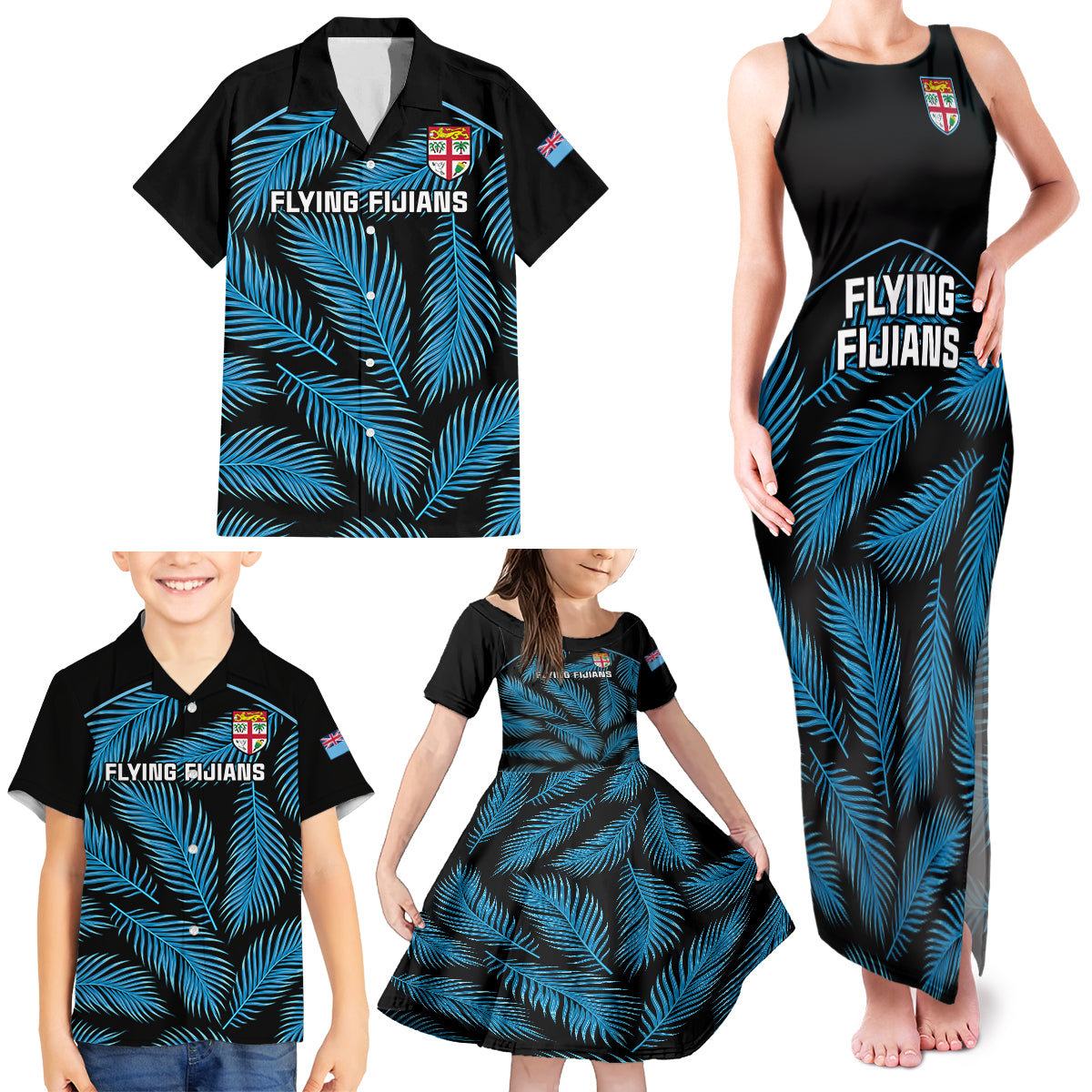 Custom Fiji Rugby Family Matching Tank Maxi Dress and Hawaiian Shirt Flying Fijians Blue Palm Tree Version LT01 - Polynesian Pride